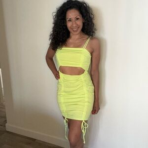 Highlighter Green Cutout Ruched Dress